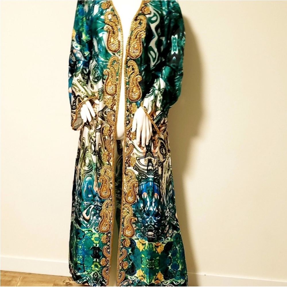 MANISH VAID- Silk Blue Pucci Island Prt. Crystal embroidered Dress Kimono-NWT M